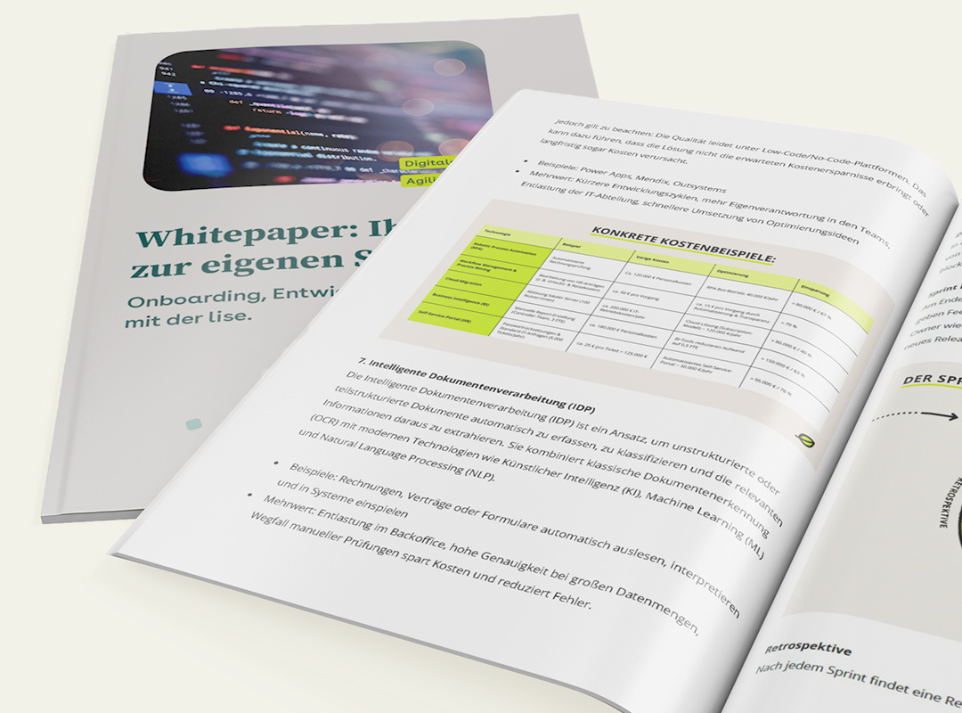 Aufgeschlagenes Whitepaper mit Text, Tabellen und hervorgehobenen Abschnitten zur digitalen Planung