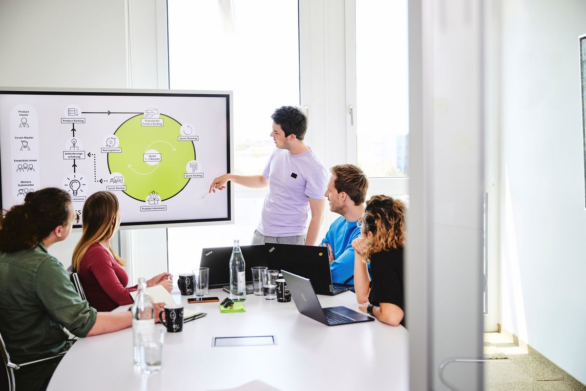 In einem lise-Team zeigt ein Entwickler einen Ablauf auf dem Whiteboard und die anderen schauen gespannt zu