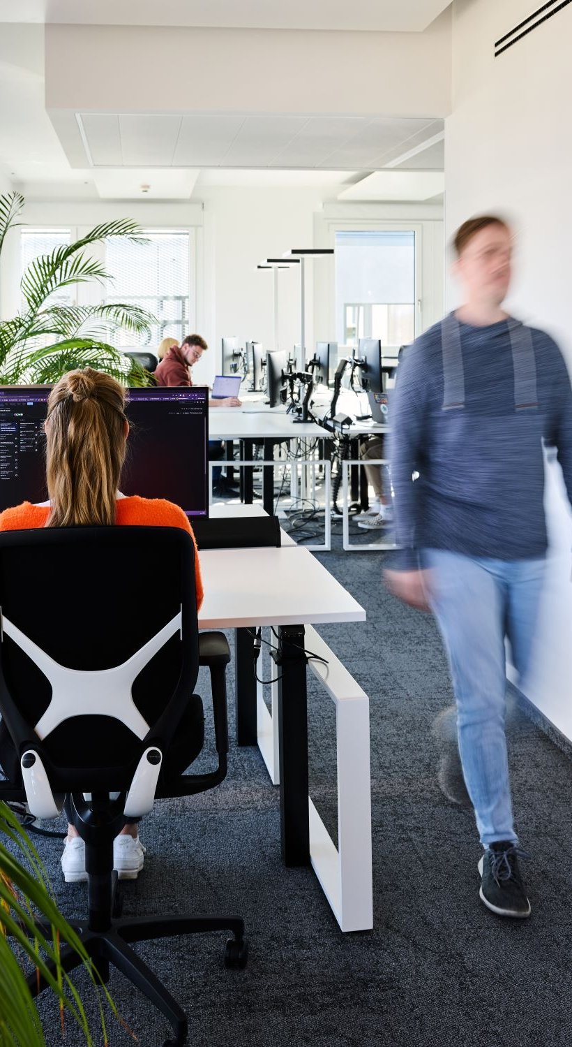 Eine lise-Entwicklerin in einem roten Pulli gibt gerade Programmcodes in ihren Computer ein, währenddessen eine anderer Mitarbeiter vorbeiläuft