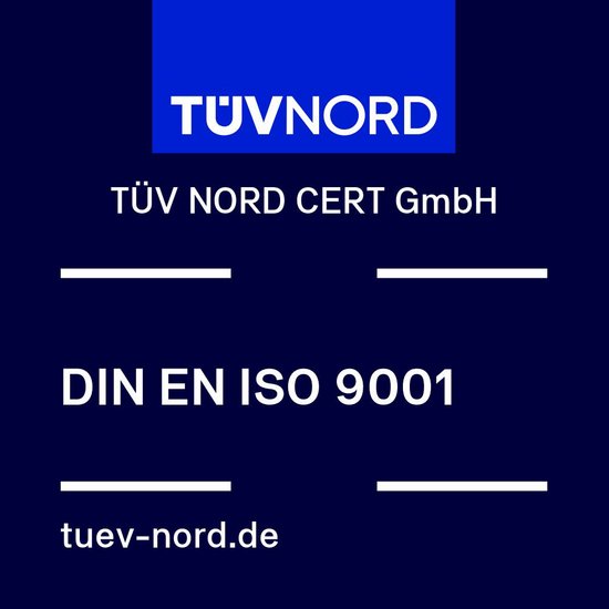 Zertifizierungslogo von TÜV NORD CERT GmbH mit dem Hinweis auf die Norm DIN EN ISO 9001