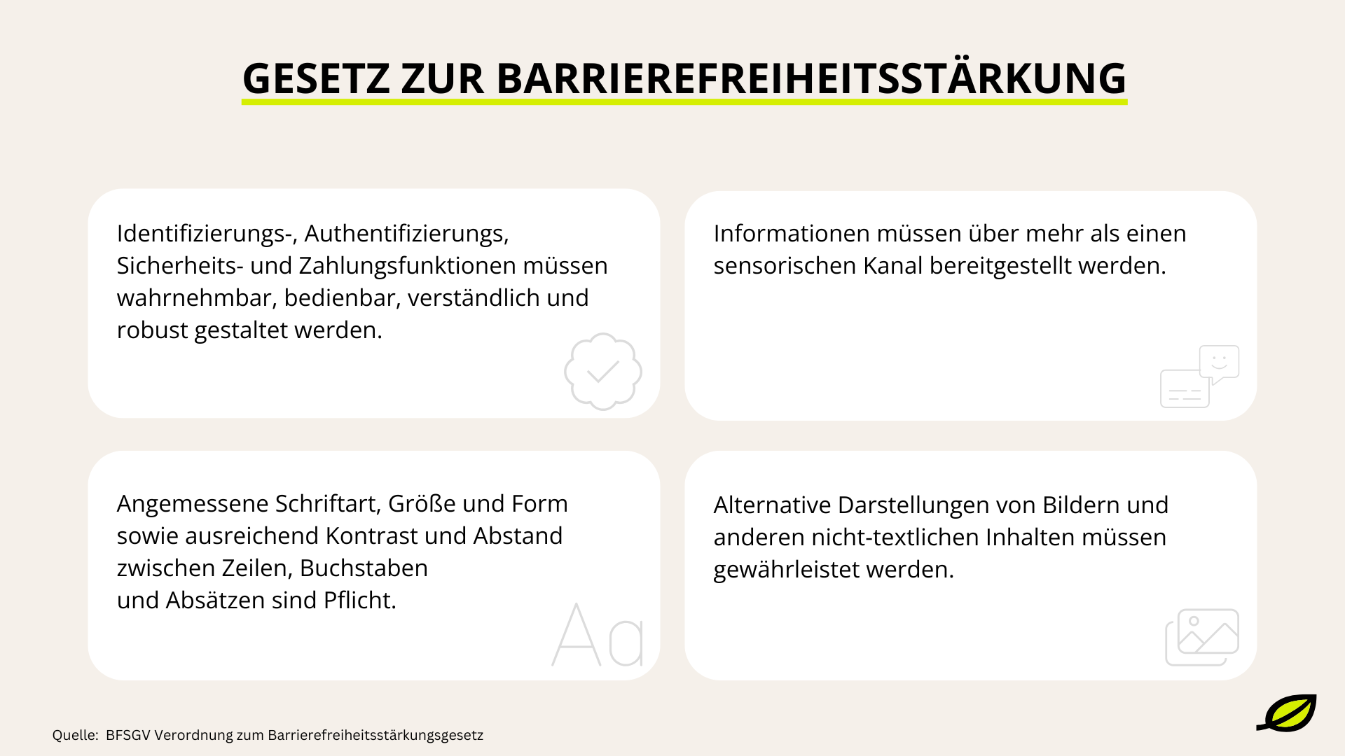 Grafik erläutert, was das Gesetz zur Barrierefreiheitsstärkung unter anderem beinhaltet. 