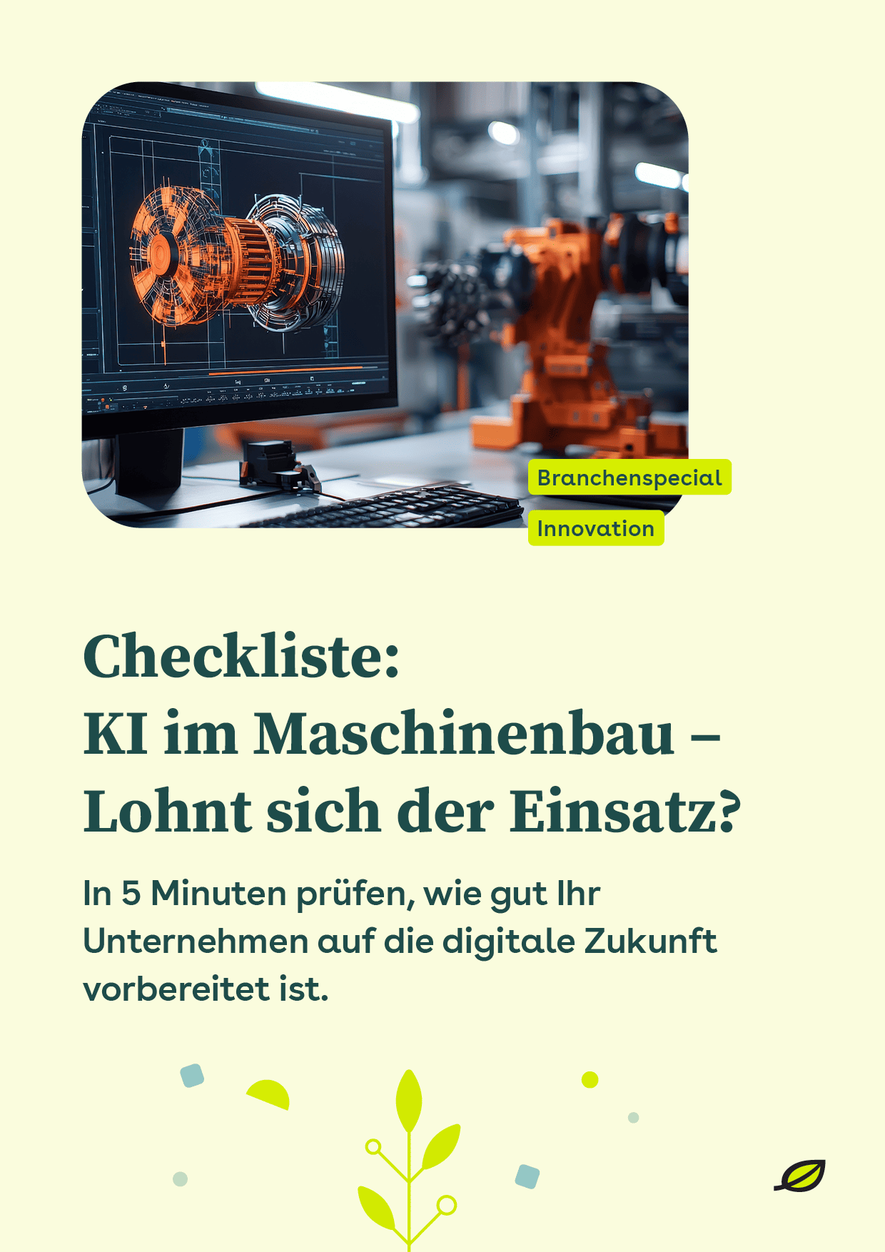 Titelseite zur Checkliste: KI im Maschinenbau - Lohnt sich der Einsatz? mit einem Bild über ein digitales Maschinenmodell