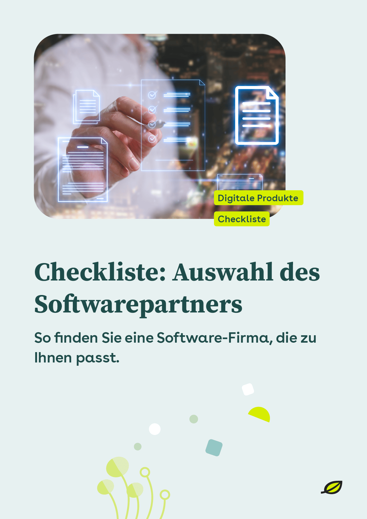 Titelseite einer Checkliste zur Auswahl des passenden Softwarepartners mit technischer Illustration
