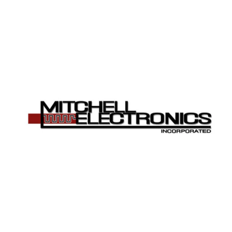 Logo von Mitchell Electronics in schwarzer Schrift und links ein rotes Rechteck