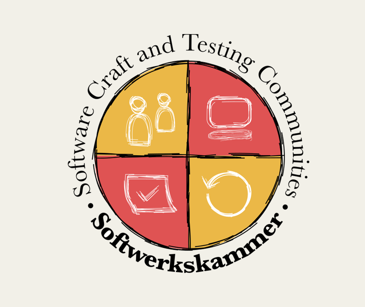 Rundes Logo der Softwarekammer mit vier farbigen Segmenten und Symbolen zu Software Craft, Testing und Kommunikation